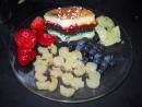 Burger cake with red/white/blue fruit. (click to zoom)