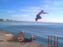 Blading: Ramp jumping into the lake at Oak Street Beach. Photo by Bill. (click to zoom)