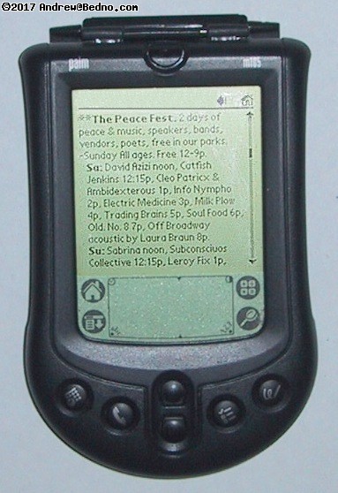 AvantGo on a small Palm m105. Showing an event listing.